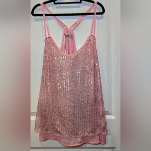 NWT GRACE KARIN Sequin Blouse Tank Top Pink Blush Coquette V-Neck Size XL